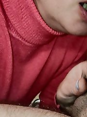 Sliding toy between her labia